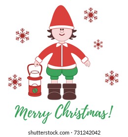 Elf with a lantern and snowflakes. New Year and Christmas symbols.