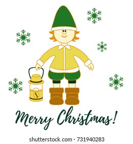 Elf with a lantern and snowflakes. New Year and Christmas symbols.