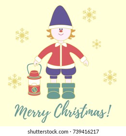 Elf with a lantern and snowflakes. New Year and Christmas symbols.
