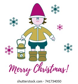 Elf with a lantern and snowflakes. New Year and Christmas symbols.
