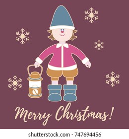 Elf with a lantern and snowflakes. New Year and Christmas symbols.