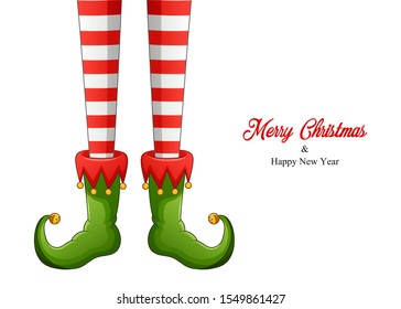 Elf legs in green shoes isolated on white background. Merry Christmas and Happy New Year, Vector illustration