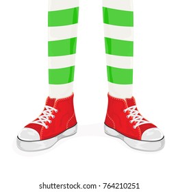 Elf legs in red shoes isolated on white background, illustration.