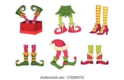 Elf Legs in Shoes with Crooked Toes and Ornamental Pants or Socks Vector Set