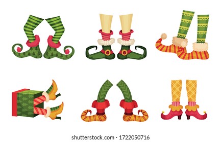 Elf Legs in Shoes with Crooked Toes and Ornamental Pants or Socks Vector Set