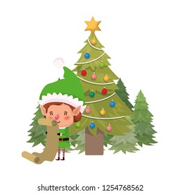 elf with list gifts and christmas tree avatar character