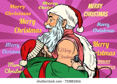 Elf makes Santa Claus tattoo happy new year. Pop art retro vector