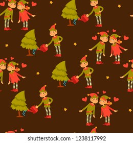 Elf male and female children in love, Santa Claus helpers vector.