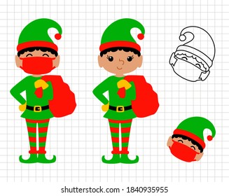 Elf with mask and present bag standing. Christmas design. New Year character. Carantine funny person. 
Vector Flat illustration. Layered cutting files. 
Suitable for cutting software. Cricut, Silhouet