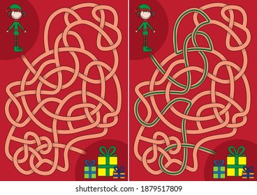 Elf maze for kids with a solution