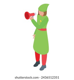 Elf mit Megaphon-Icon isometrischen Vektor. Weihnachtsfeier. Magische Ferienzeit