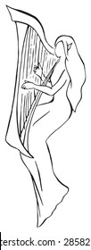 Elf minstrel with harp monochrome line art vector