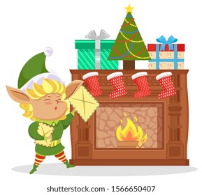 Elf near fireplace, christmas eve. Fairy character stand in living room and hold letter with xmas wishes. Boxes, red socks with gifts and decoration fir tree on hearth. Vector illustration in flat