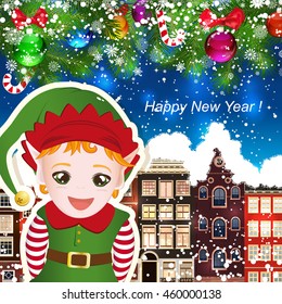 Elf on the background of snow-covered streets. New Year design background. Falling snow.  Holiday illustration with place for text.