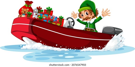 Elf on the boat with his gifts illustration