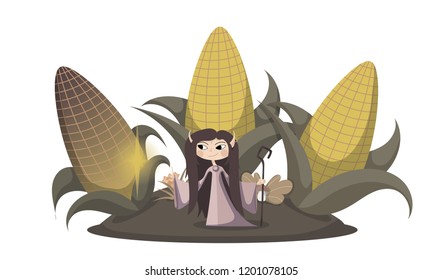 Elf on a meadow with gigantic corn, leaves and mushrooms, holding a stick and doing magic. White background. Flat cartoon style vector illustration.