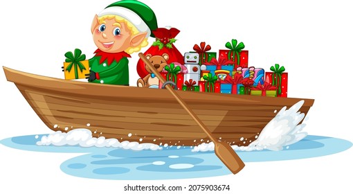 Elf en bote de remos con muchas cajas de regalo ilustración