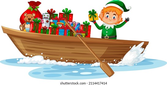 Elf on rowboat with many gift boxes illustration