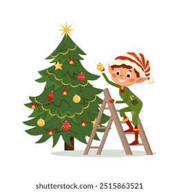 Elf on stepladder hangs ball on Christmas tree. Santa Claus little helper fun character isolated on white background. Cartoon vector illustration for Christmas card, banner, sticker, post, print