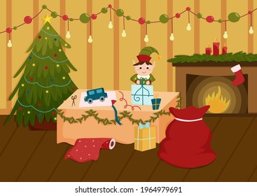 the elf is packing gifts in a room with a Christmas tree and a fireplace 