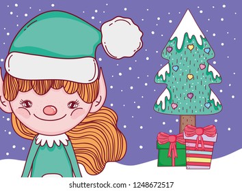 elf with pine tree and christmas presents
