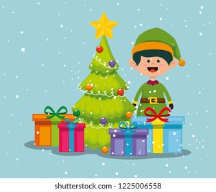 elf with pine trees and gifts to christmas