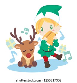 Elf Playing Pan Flute with Reindeer