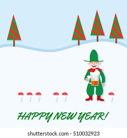Elf with pointed ears, green red outfit, holding a beer. Beside him sorted toadstools. Backgrounds snowy landscape with stylized firs. Green text Happy New Year. Left from the middle copy space.