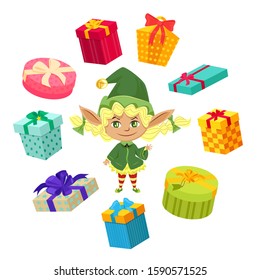 Elf preparing presents for christmas time. Little girl stand among lot of festive boxes. Carton packages tied by ribbons and bows. Character help santa claus with gifts for kids. Vector illustration