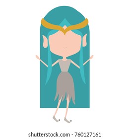 elf princess without face and blue long hair and dress on white background