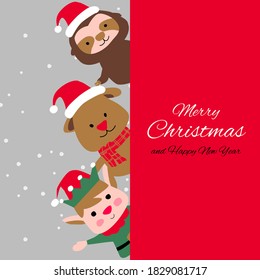 elf puppy sloth are happy emotion with Christmas invitation card design,vector illustration