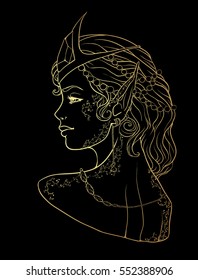 Elf Queen portrait. Portrait of mystic girl. Hand drawn beautiful artwork of an elf fairy girl head with decorative floral tattoo. Paganism, coloring books. Isolated vector illustration.