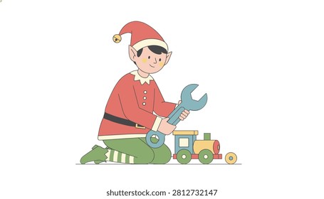 Elf in red clothing kneeling on the ground and holding a large blue wrench next to a colorful toy train set.
