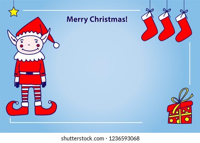 Elf in a red hat, red clothes and red shoes. Christmas illustration - congratulations. Fairy-tale character wishes a Happy New Year.