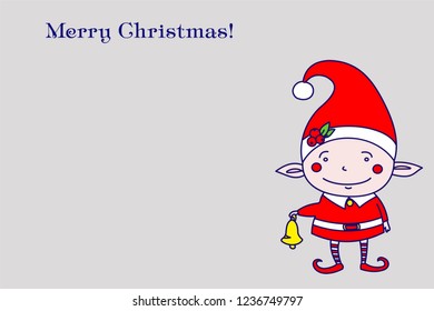 Elf in a red hat, red clothes and red shoes with a bell. Christmas illustration - congratulations. Fairy-tale character wishes a Happy New Year.