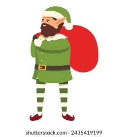 Elfo con el icono de saco rojo vector de dibujos animados. Enano de Navidad. Feliz fiesta de disfraces