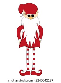 An elf in a red suit, boots with pompoms and a cap. Santa Claus's assistant. A Christmas character. Print for the cover of a greeting card. Scandinavian gnome.