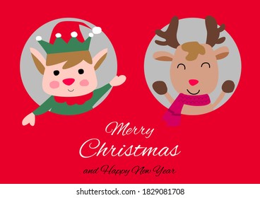 elf and reindeer are in circle hole with happiness with Christmas invitation card design,vector illustration