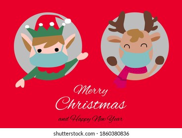 elf and reindeer are in circle hole and wear masks with happiness with Christmas invitation card design,vector illustration