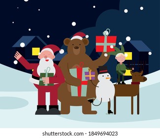 elf in reindeer with santa claus and bear christmas characters vector illustration design