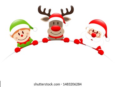 Elf Reindeer And Santa Claus Holding Round Banner