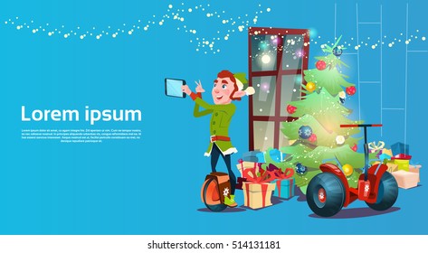 Elf Ride Mono Wheel Making Selfie Photo Decorated Fireplace Christmas Happy New Year Greeting Card Flat Vector Illustration