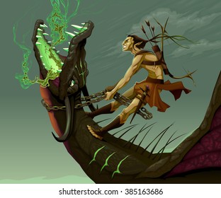 Elf is riding the dragon. Vector fantasy illustration