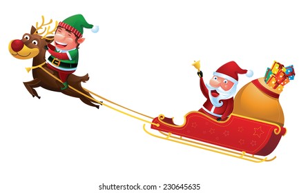 Elf riding a sleigh reindeer  with Santa and gift box  in Christmas