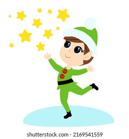The elf runs and scatters the stars. The child is happy and smiling. The boy is wearing green elf clothes. Cartoon Christmas illustration isolated on white background.