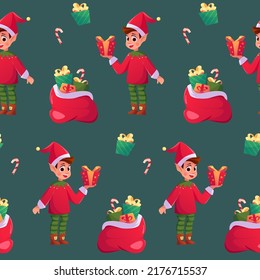 Elf with a sack of Christmas presents pattern on dark blue background. Cute winter holidays background. Baby design for textile, fabric, wallpaper, decor.