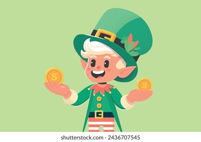 Elf Saint Patrick stands in a green suit and shakes gold coins in his hands as a symbol of good luck, Saint Patrick's Day, Isolated. Sporting a green hat with a buckle and a plantsi