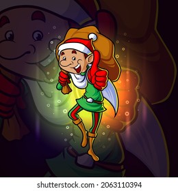 The elf santa is bringing the gift sack esport logo design of illustration 
