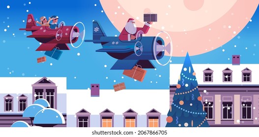 elf with santa claus flying airplane with gifts merry christmas happy new year winter holidays celebration concept
