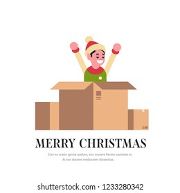 elf santa claus helper raised hands inside paper box merry christmas holiday happy new year concept flat copy space vector illustration